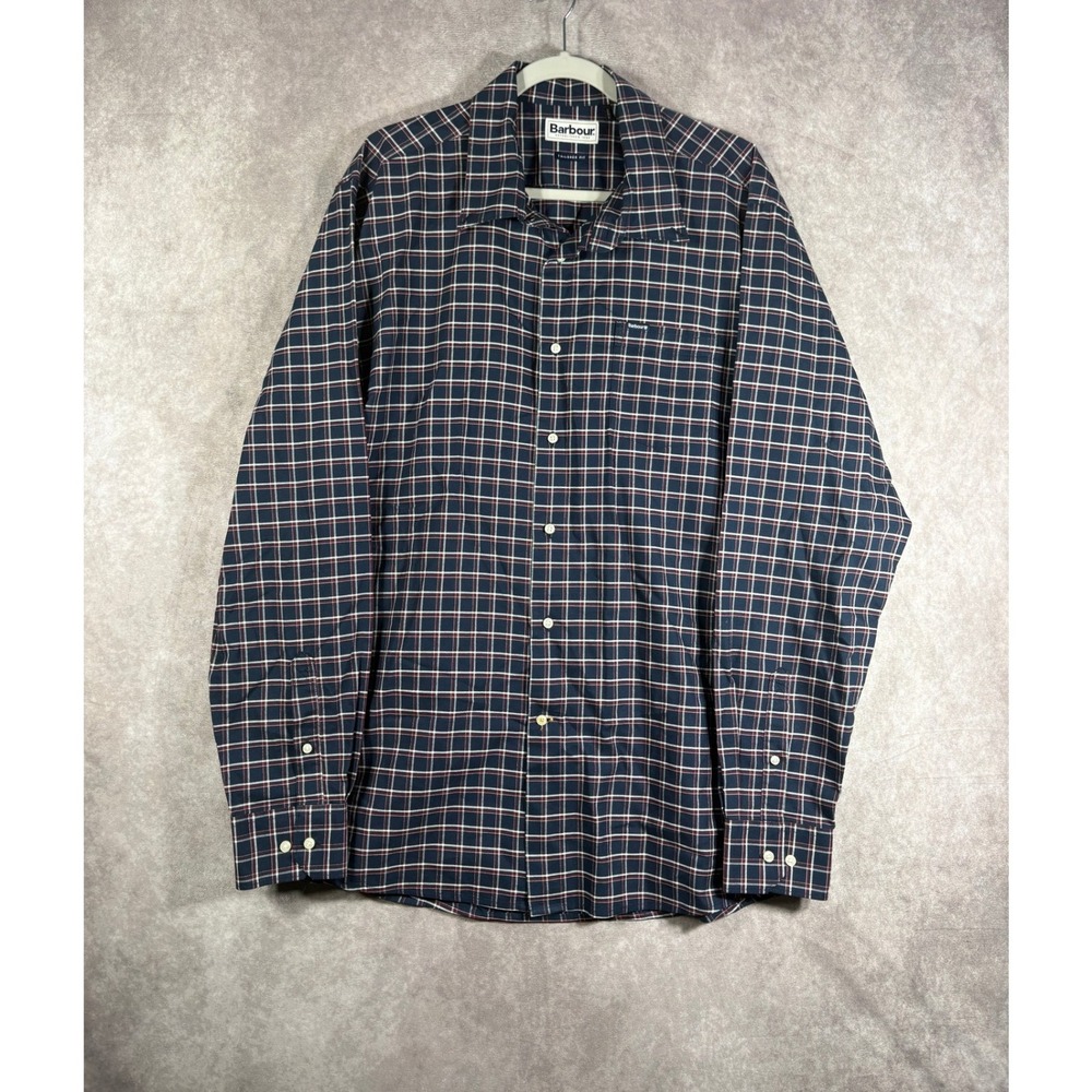 Barbour Shirt Mens XL Navy Blue Tailored Fit Plaid Long Sleeve Button Up Casual